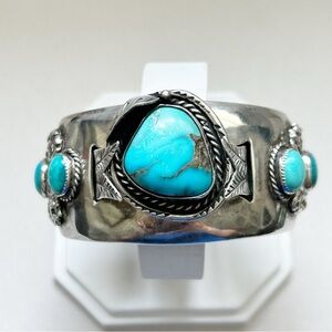 Amazing Vintage Southwestern Turquoise Sterling Silver Cuff Watch Bracelet